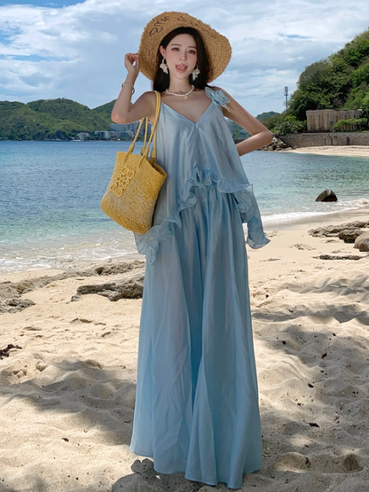 Ethereal Ruffled Hem Floral Design Maxi Dress Coastal Trips Blue Spaghetti Strap Flowy Long Dress AP1437