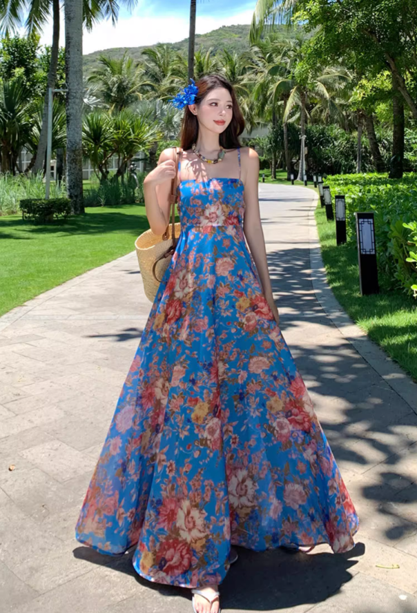 Boho-Inspired Colorful Floral Print Maxi Dress Coastal Trips Blue Spaghetti Strap Flowy Long Dress AP1438