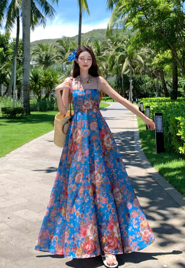 Boho-Inspired Colorful Floral Print Maxi Dress Coastal Trips Blue Spaghetti Strap Flowy Long Dress AP1438