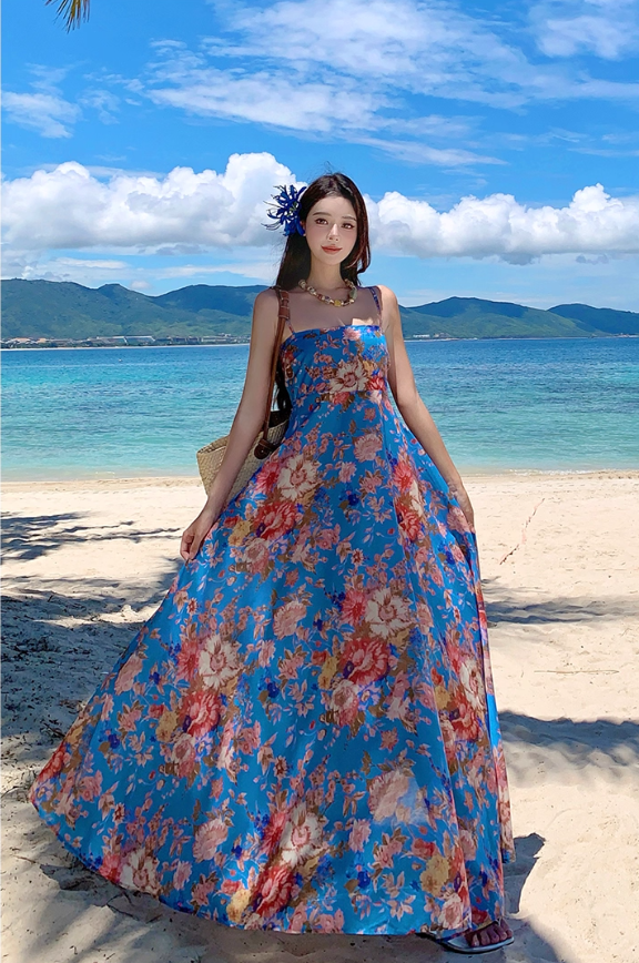 Boho-Inspired Colorful Floral Print Maxi Dress Coastal Trips Blue Spaghetti Strap Flowy Long Dress AP1438