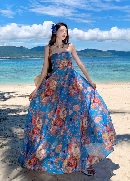 Boho-Inspired Colorful Floral Print Maxi Dress Coastal Trips Blue Spaghetti Strap Flowy Long Dress AP1438