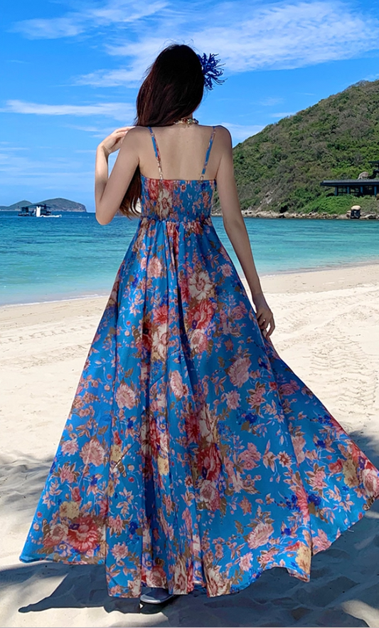 Boho-Inspired Colorful Floral Print Maxi Dress Coastal Trips Blue Spaghetti Strap Flowy Long Dress AP1438