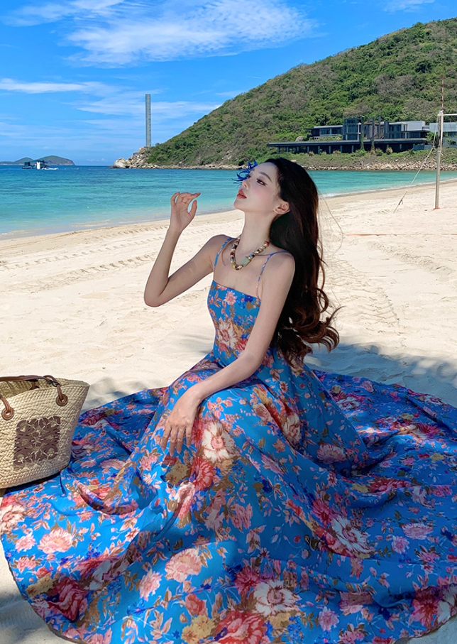 Boho-Inspired Colorful Floral Print Maxi Dress Coastal Trips Blue Spaghetti Strap Flowy Long Dress AP1438