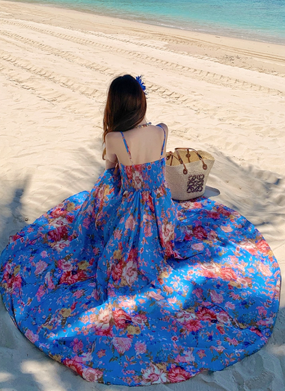 Boho-Inspired Colorful Floral Print Maxi Dress Coastal Trips Blue Spaghetti Strap Flowy Long Dress AP1438