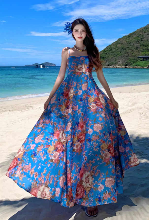 Boho-Inspired Colorful Floral Print Maxi Dress Coastal Trips Blue Spaghetti Strap Flowy Long Dress AP1438