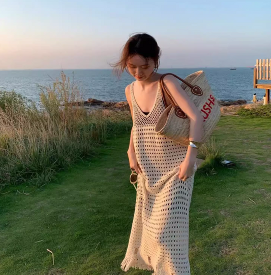 Boho-Inspired White Crochet Maxi Dress Coastal Trips Fringe Hem Flowy Sleeveless Long Dress AP1439