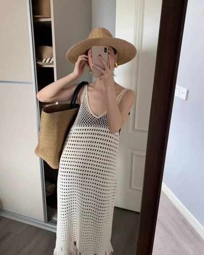 Boho-Inspired White Crochet Maxi Dress Coastal Trips Fringe Hem Flowy Sleeveless Long Dress AP1439
