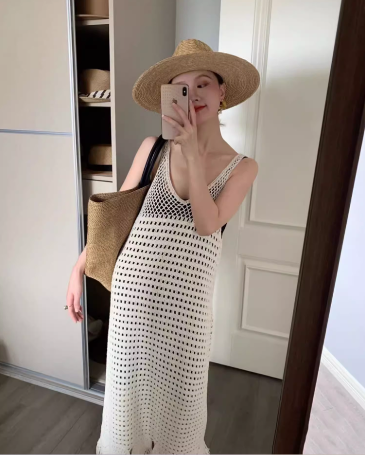 Boho-Inspired White Crochet Maxi Dress Coastal Trips Fringe Hem Flowy Sleeveless Long Dress AP1439