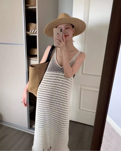Boho-Inspired White Crochet Maxi Dress Coastal Trips Fringe Hem Flowy Sleeveless Long Dress AP1439