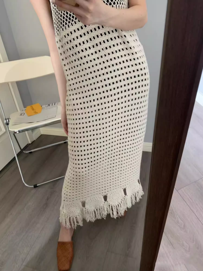 Boho-Inspired White Crochet Maxi Dress Coastal Trips Fringe Hem Flowy Sleeveless Long Dress AP1439