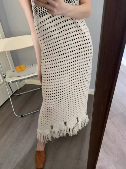 Boho-Inspired White Crochet Maxi Dress Coastal Trips Fringe Hem Flowy Sleeveless Long Dress AP1439