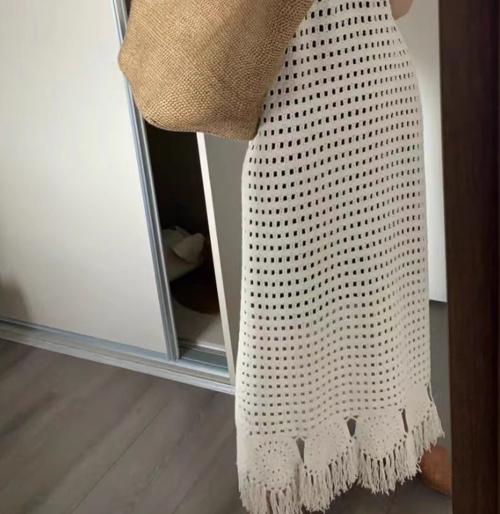 Boho-Inspired White Crochet Maxi Dress Coastal Trips Fringe Hem Flowy Sleeveless Long Dress AP1439
