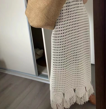 Boho-Inspired White Crochet Maxi Dress Coastal Trips Fringe Hem Flowy Sleeveless Long Dress AP1439