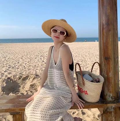 Boho-Inspired White Crochet Maxi Dress Coastal Trips Fringe Hem Flowy Sleeveless Long Dress AP1439