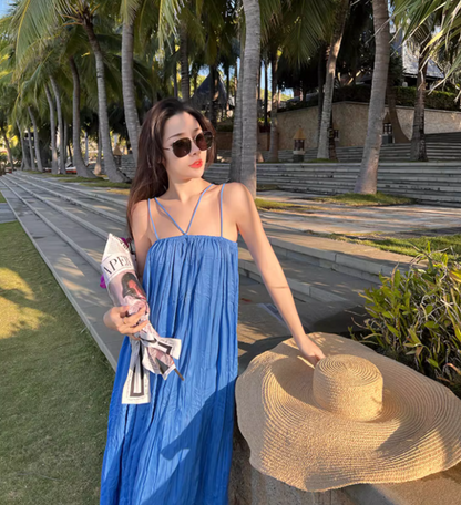 Minimalist Blue Spaghetti Strap Maxi Dress Fashionable Summer Getaways Flowy Loose Fit Long Dress AP1440
