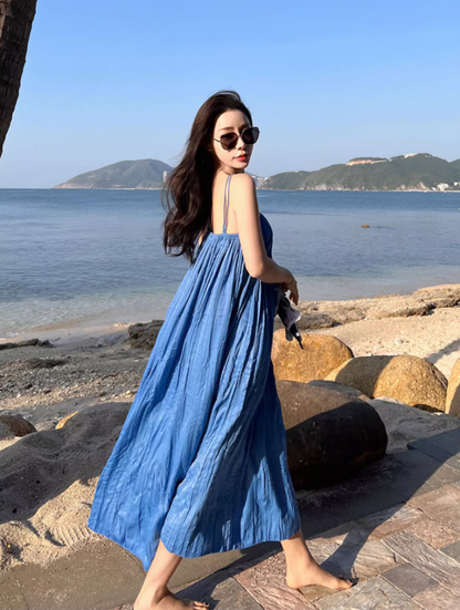 Minimalist Blue Spaghetti Strap Maxi Dress Fashionable Summer Getaways Flowy Loose Fit Long Dress AP1440
