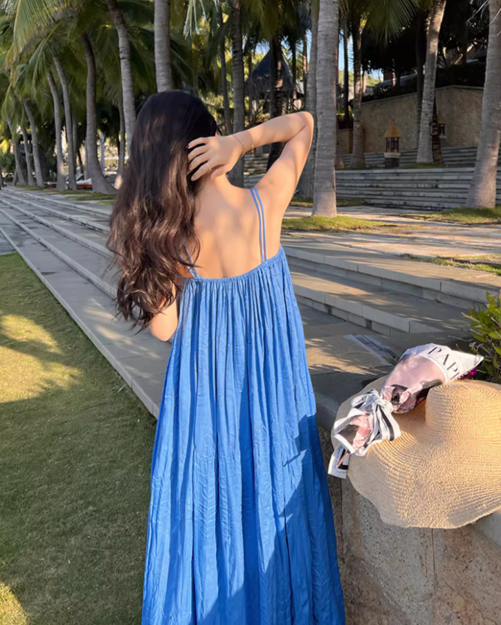 Minimalist Blue Spaghetti Strap Maxi Dress Fashionable Summer Getaways Flowy Loose Fit Long Dress AP1440