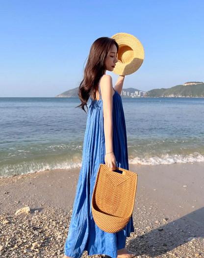 Minimalist Blue Spaghetti Strap Maxi Dress Fashionable Summer Getaways Flowy Loose Fit Long Dress AP1440