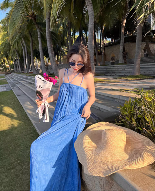 Minimalist Blue Spaghetti Strap Maxi Dress Fashionable Summer Getaways Flowy Loose Fit Long Dress AP1440