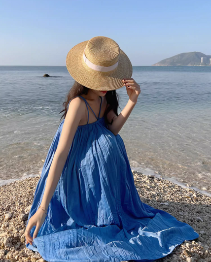 Minimalist Blue Spaghetti Strap Maxi Dress Fashionable Summer Getaways Flowy Loose Fit Long Dress AP1440