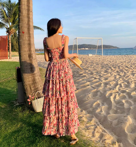 Dopamine Style Colorful Floral Print Maxi Dress Chic Summer Getaways Flowy Spaghetti Strap Tiered Long Dress AP1441