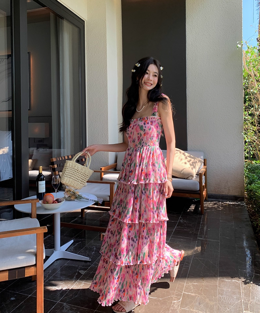 Dopamine Style Colorful Floral Print Maxi Dress Chic Summer Getaways Flowy Spaghetti Strap Tiered Long Dress AP1441