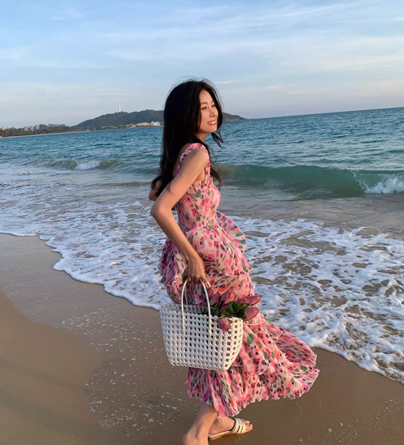 Dopamine Style Colorful Floral Print Maxi Dress Chic Summer Getaways Flowy Spaghetti Strap Tiered Long Dress AP1441