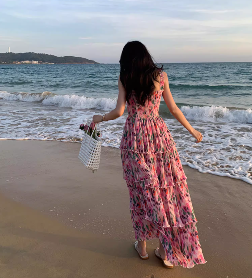 Dopamine Style Colorful Floral Print Maxi Dress Chic Summer Getaways Flowy Spaghetti Strap Tiered Long Dress AP1441