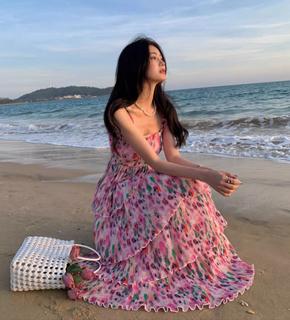 Dopamine Style Colorful Floral Print Maxi Dress Chic Summer Getaways Flowy Spaghetti Strap Tiered Long Dress AP1441