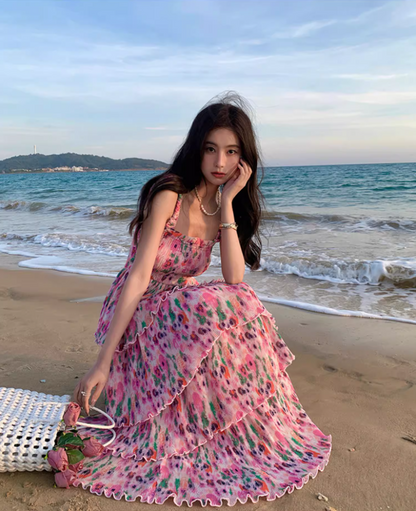 Dopamine Style Colorful Floral Print Maxi Dress Chic Summer Getaways Flowy Spaghetti Strap Tiered Long Dress AP1441