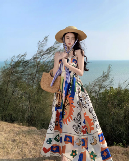 Vibrant Colorful Art Print Tropical Vacays Maxi Dress Chic Flowy Spaghetti Strap Long Dress AP1442