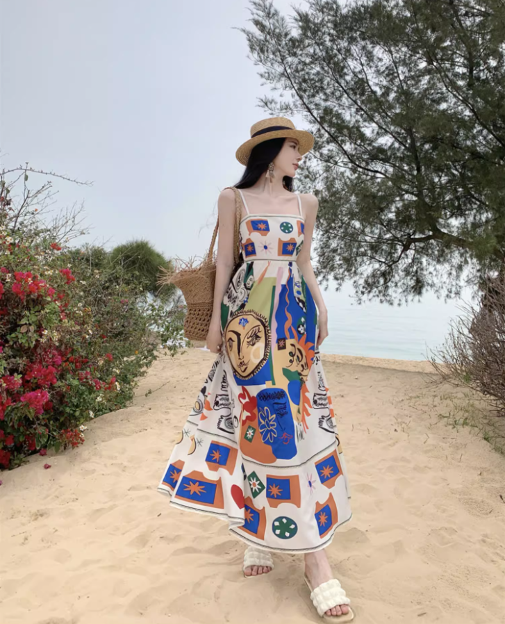 Vibrant Colorful Art Print Tropical Vacays Maxi Dress Chic Flowy Spaghetti Strap Long Dress AP1442