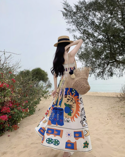 Vibrant Colorful Art Print Tropical Vacays Maxi Dress Chic Flowy Spaghetti Strap Long Dress AP1442