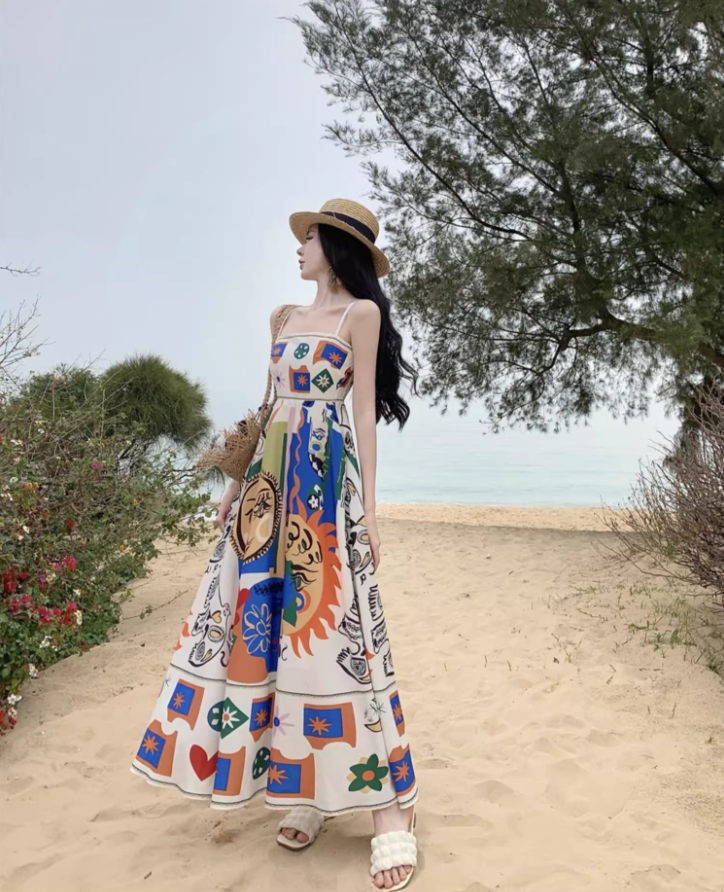 Vibrant Colorful Art Print Tropical Vacays Maxi Dress Chic Flowy Spaghetti Strap Long Dress AP1442