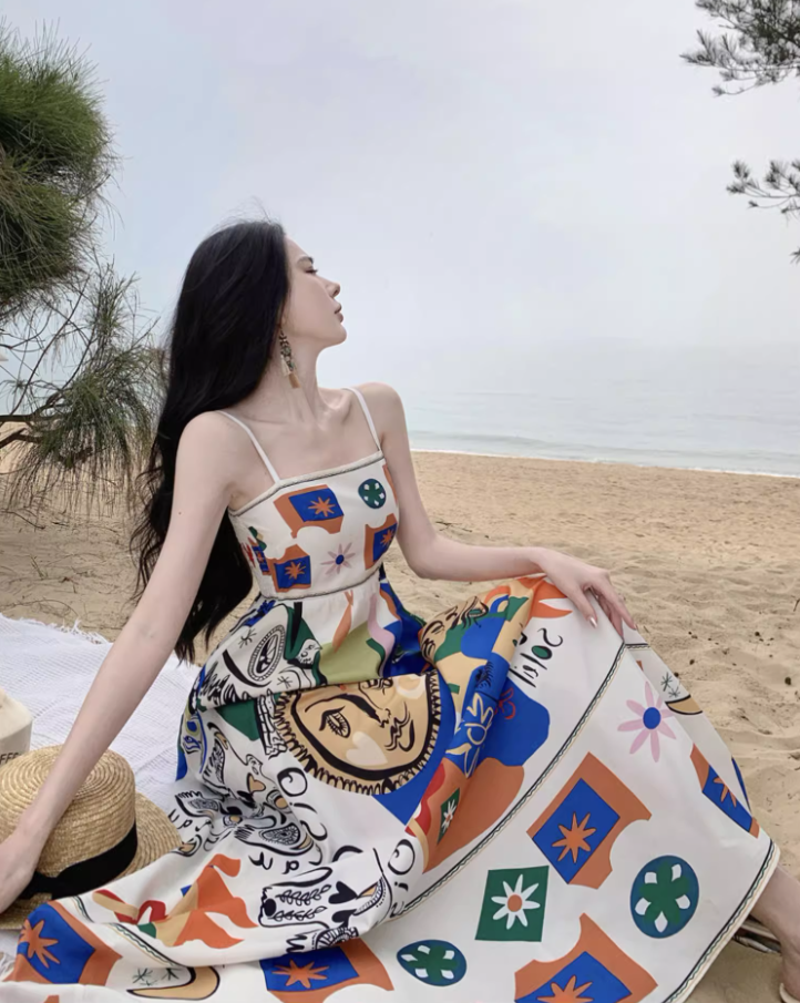 Vibrant Colorful Art Print Tropical Vacays Maxi Dress Chic Flowy Spaghetti Strap Long Dress AP1442