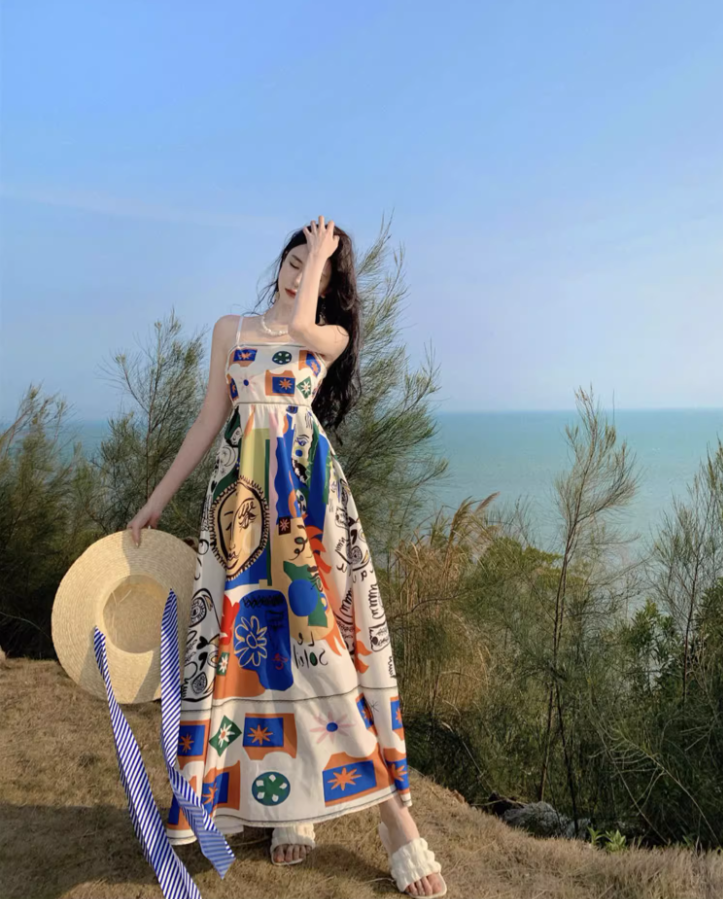 Vibrant Colorful Art Print Tropical Vacays Maxi Dress Chic Flowy Spaghetti Strap Long Dress AP1442