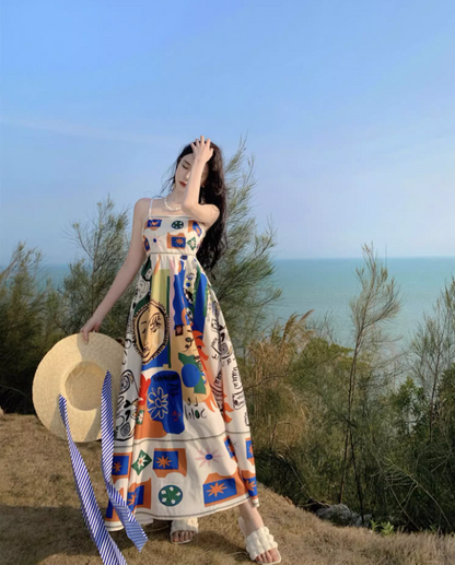 Vibrant Colorful Art Print Tropical Vacays Maxi Dress Chic Flowy Spaghetti Strap Long Dress AP1442
