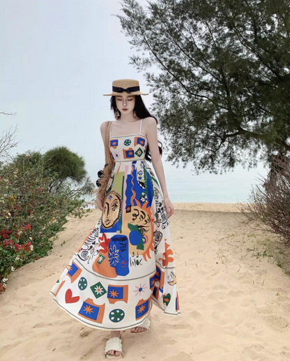 Vibrant Colorful Art Print Tropical Vacays Maxi Dress Chic Flowy Spaghetti Strap Long Dress AP1442