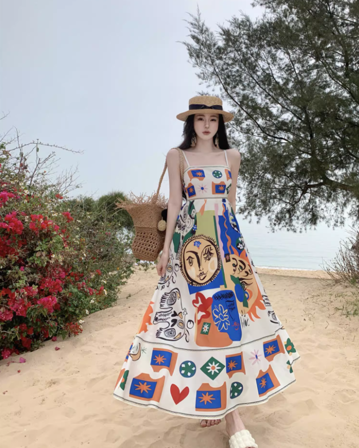 Vibrant Colorful Art Print Tropical Vacays Maxi Dress Chic Flowy Spaghetti Strap Long Dress AP1442