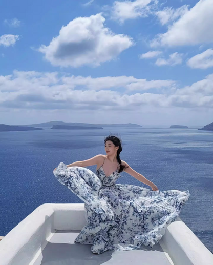 Vintage Island Vacation Blue & White Print Maxi Dress Niche Flowy Spaghetti Strap Waist-Tie Long Dress AP1443