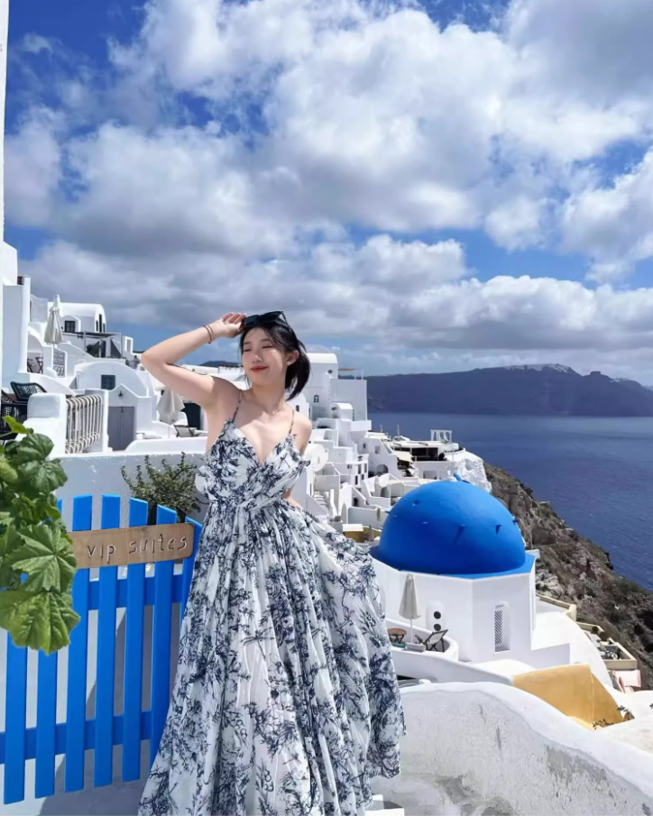 Vintage Island Vacation Blue & White Print Maxi Dress Niche Flowy Spaghetti Strap Waist-Tie Long Dress AP1443