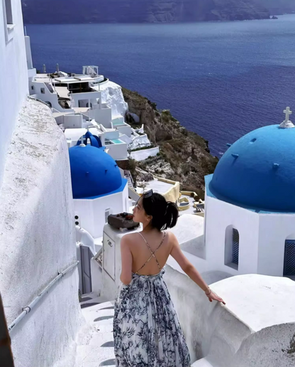 Vintage Island Vacation Blue & White Print Maxi Dress Niche Flowy Spaghetti Strap Waist-Tie Long Dress AP1443