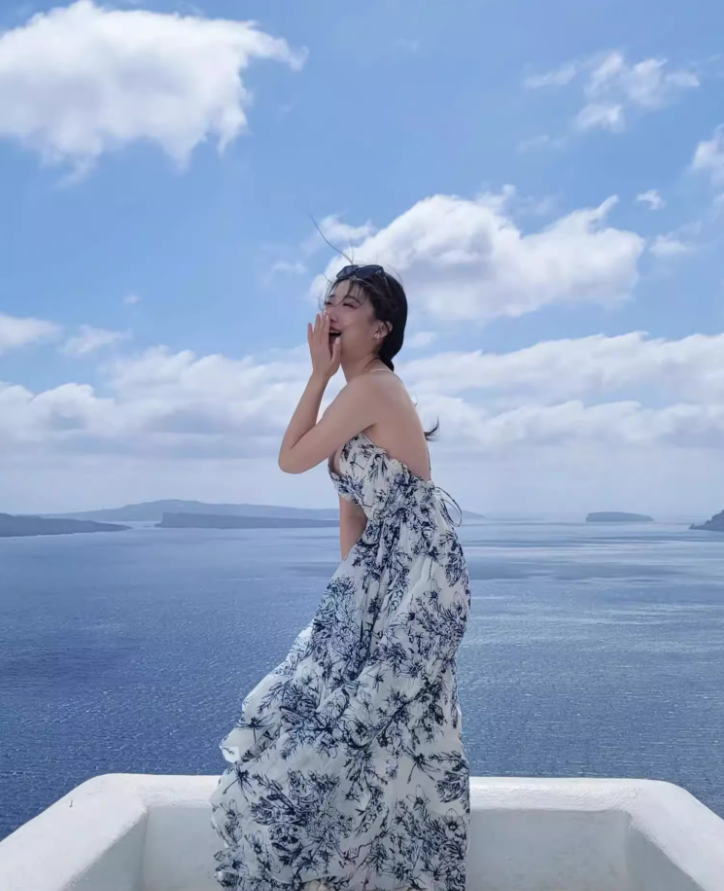 Vintage Island Vacation Blue & White Print Maxi Dress Niche Flowy Spaghetti Strap Waist-Tie Long Dress AP1443