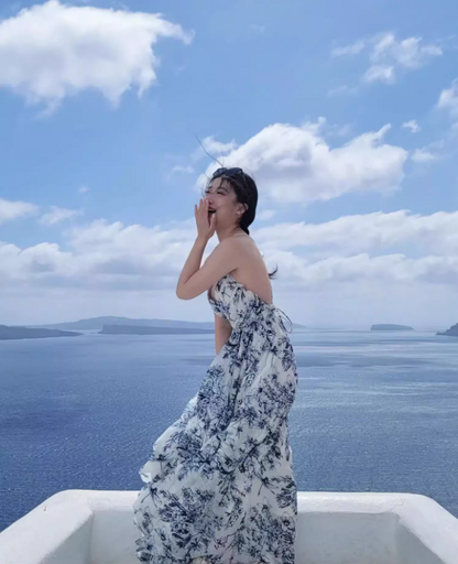 Vintage Island Vacation Blue & White Print Maxi Dress Niche Flowy Spaghetti Strap Waist-Tie Long Dress AP1443