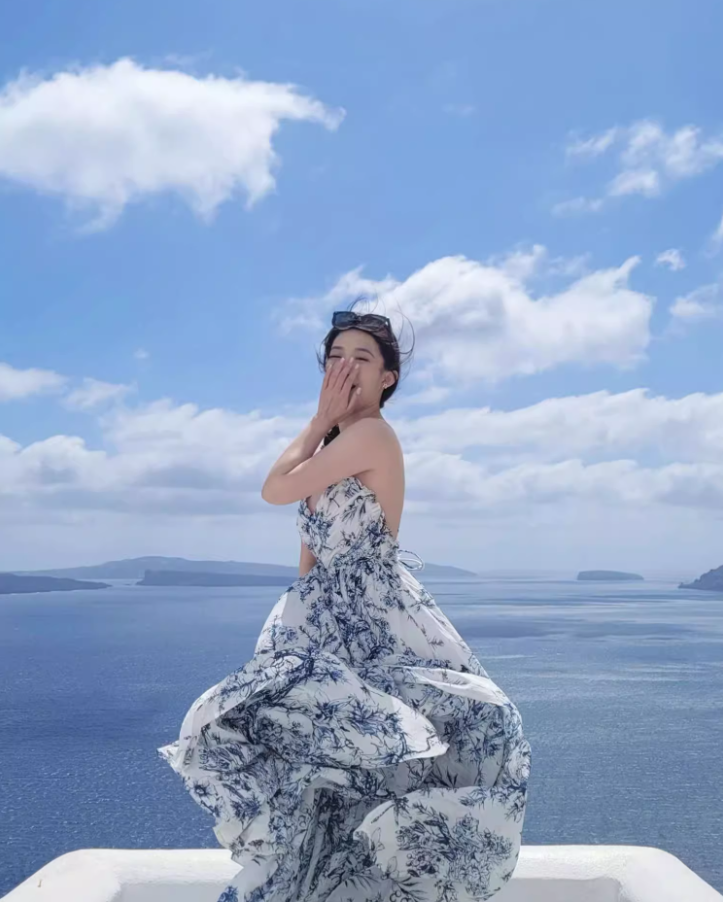 Vintage Island Vacation Blue & White Print Maxi Dress Niche Flowy Spaghetti Strap Waist-Tie Long Dress AP1443