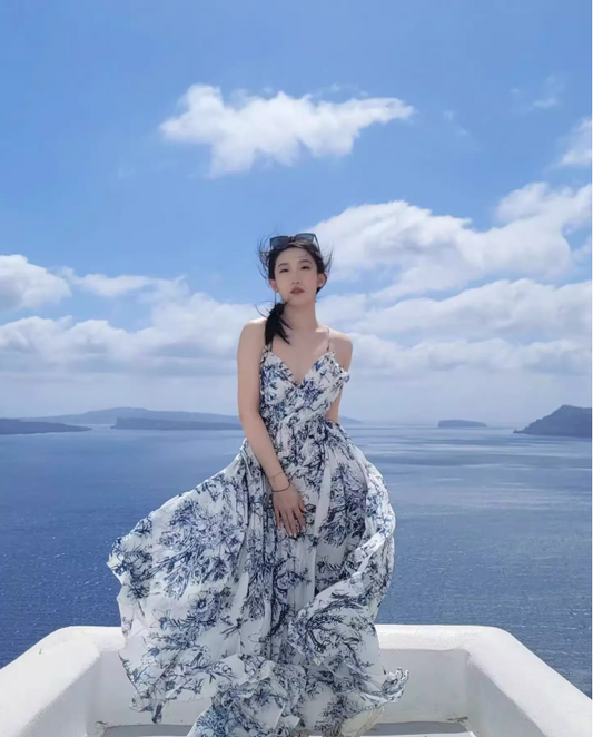 Vintage Island Vacation Blue & White Print Maxi Dress Niche Flowy Spaghetti Strap Waist-Tie Long Dress AP1443