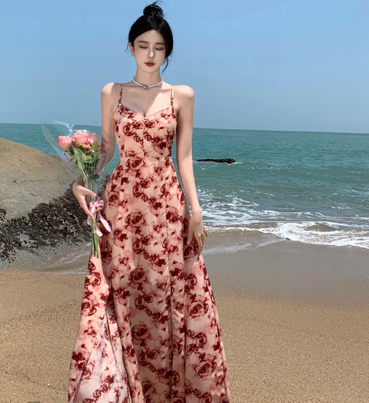 Charming Pink Rose Print Island Vacation Maxi Dress Classical Flowy Spaghetti Strap Cross-Back Tie Long Dress AP1444