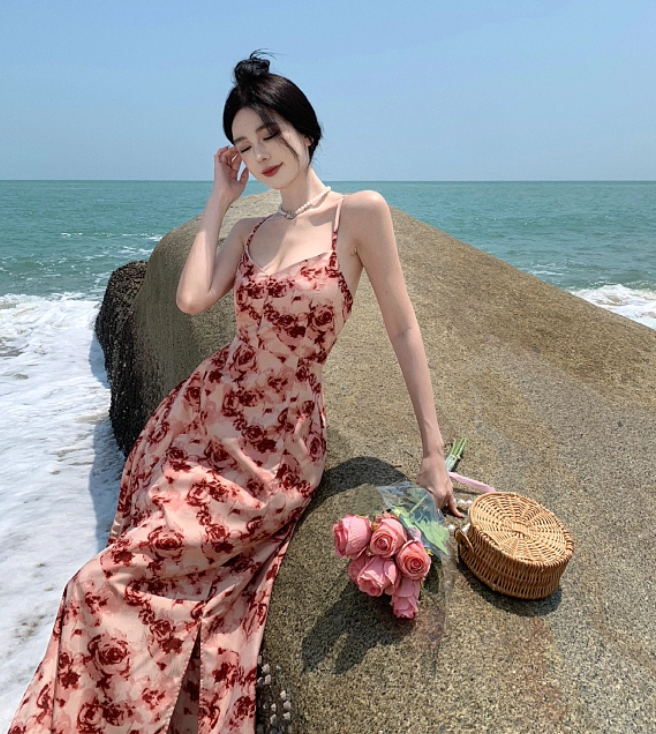 Charming Pink Rose Print Island Vacation Maxi Dress Classical Flowy Spaghetti Strap Cross-Back Tie Long Dress AP1444