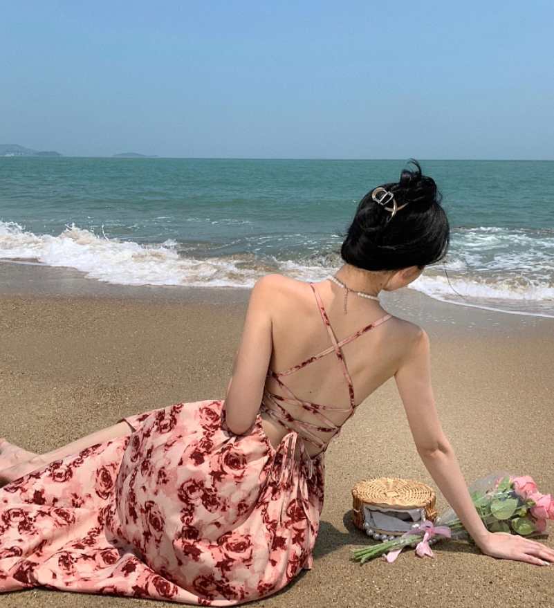 Charming Pink Rose Print Island Vacation Maxi Dress Classical Flowy Spaghetti Strap Cross-Back Tie Long Dress AP1444