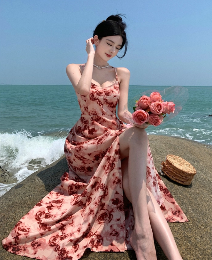 Charming Pink Rose Print Island Vacation Maxi Dress Classical Flowy Spaghetti Strap Cross-Back Tie Long Dress AP1444